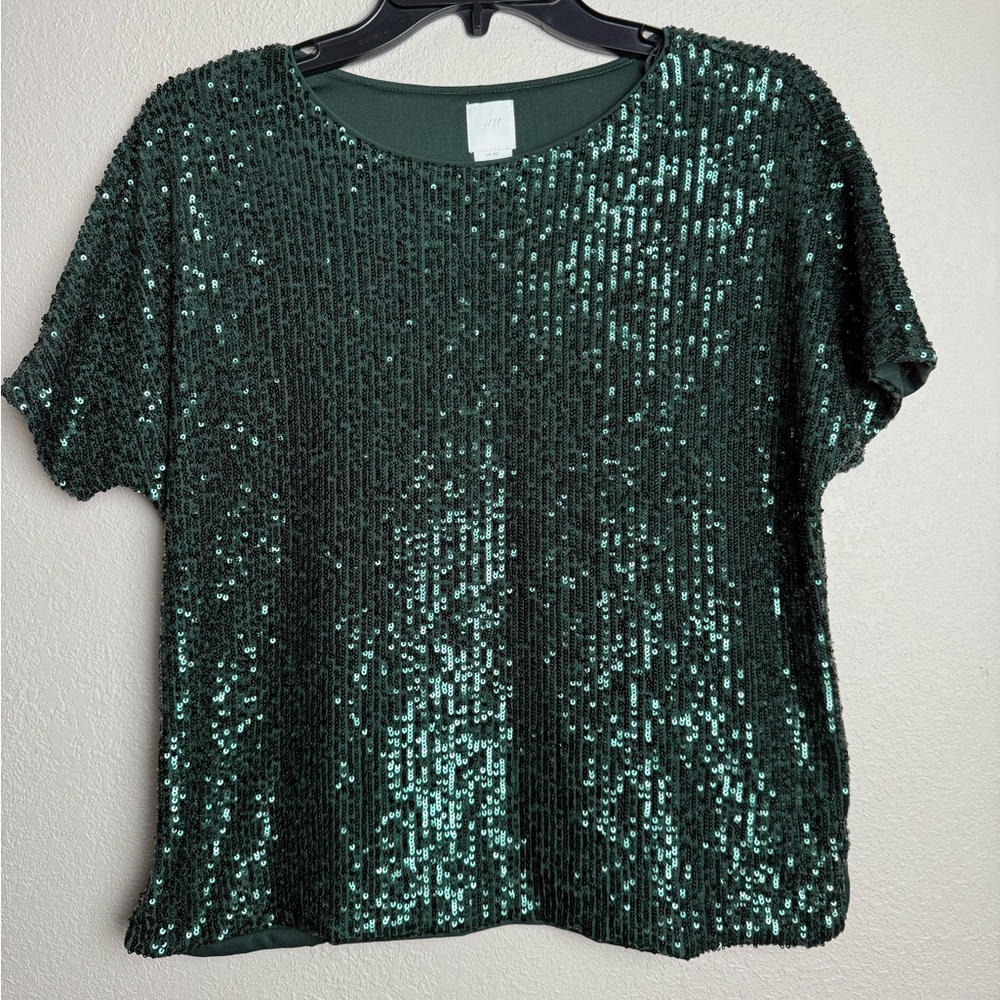 H&M Women Size XS Green Sparkle Sequin‎ Short Sleeve Shirts